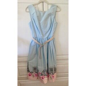 Hell Bunny Retro Blue & Pink Polka Dot Paris Dress 50's Unique Vintage Sz. Med